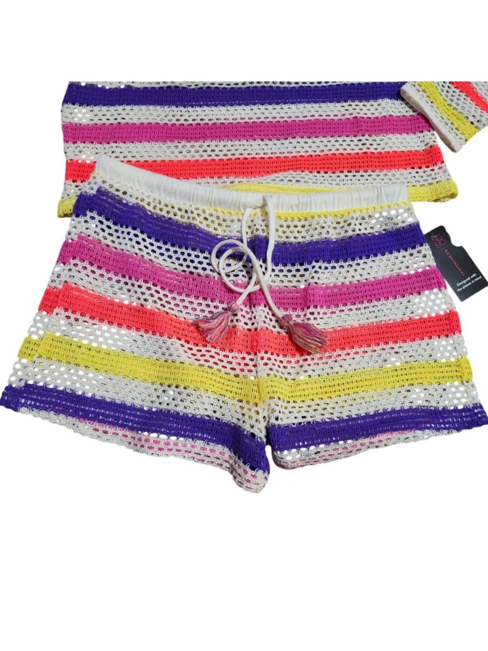 No Boundaries Women's Large Neon Crochet Stripe Festival Beach Swim Cover Up Set - Picture 3 of 10